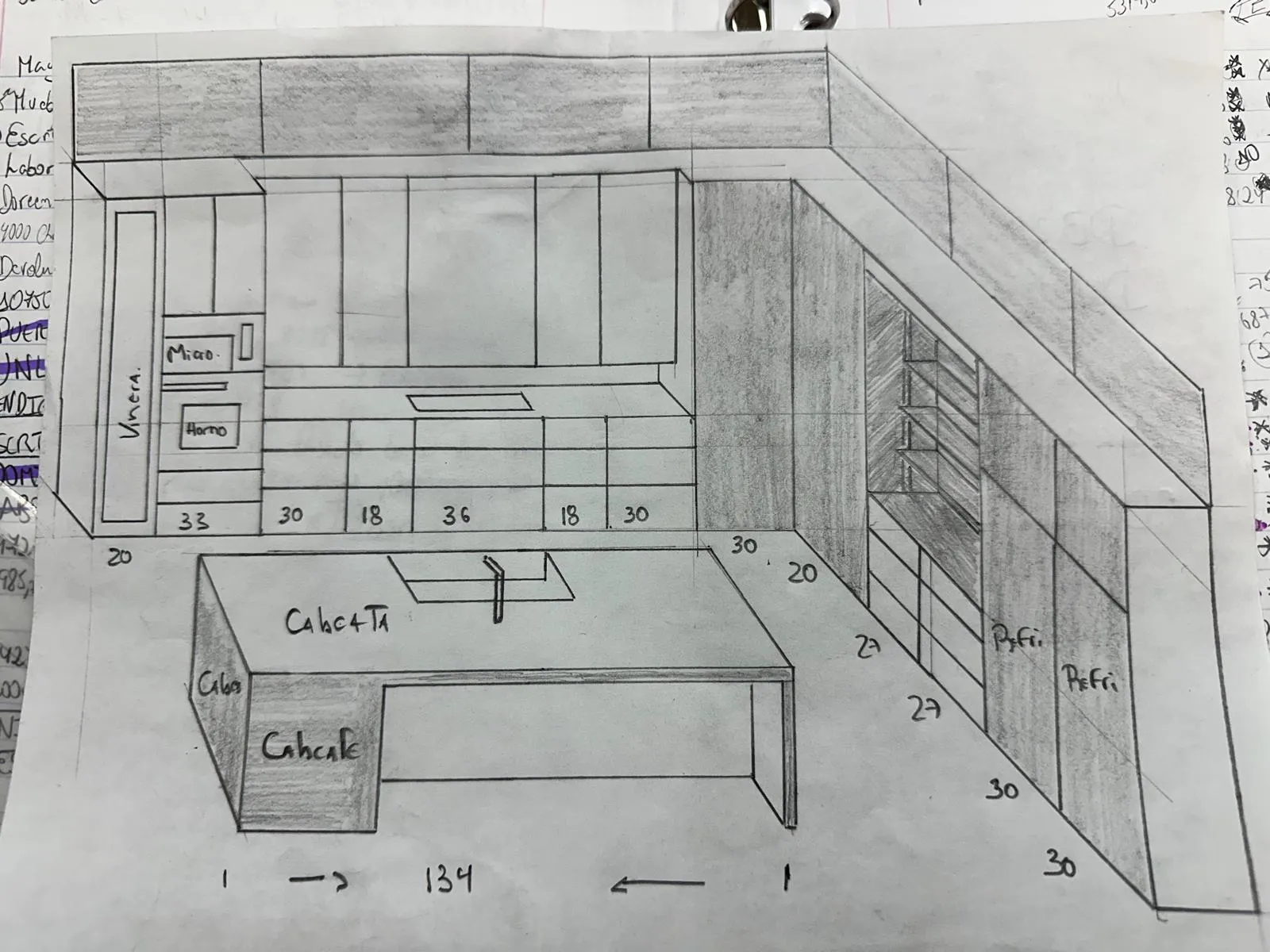 Hand sketch of a kitchen with real inch measurements, drawn by Yoll Remodeling